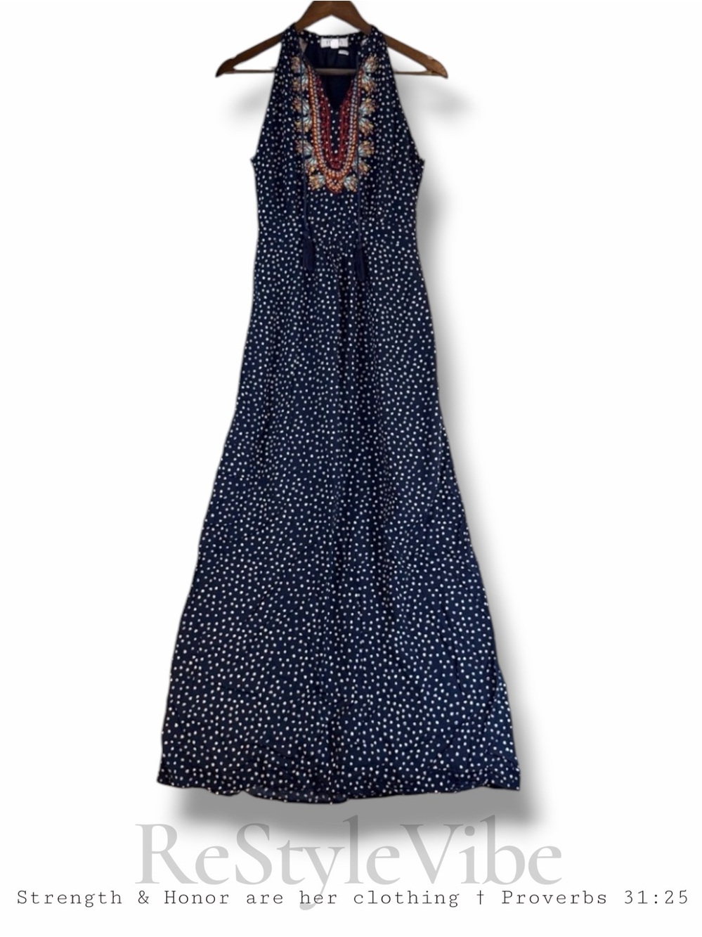 THML ANTHROPOLOGIE Women’s Size S Dress Maxi Embroidered Polka Dot V-Neckline